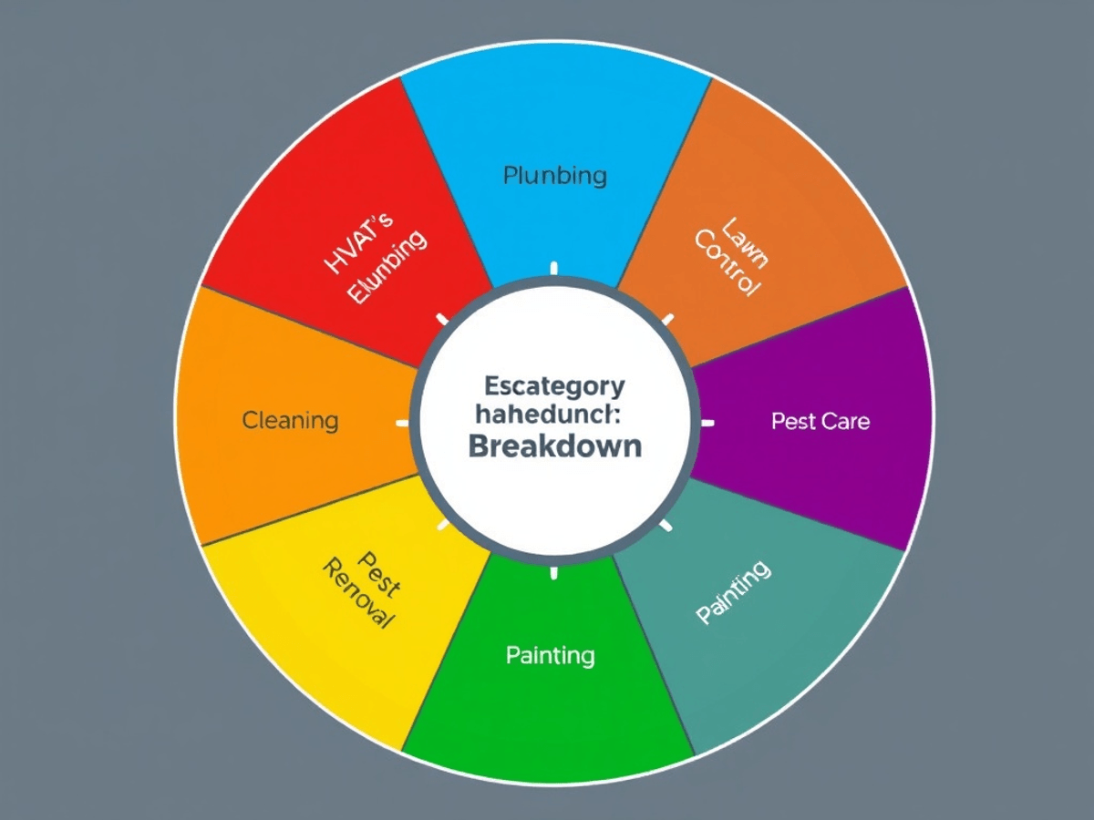 Home services industry subcategories from the IFA 2026 outlook, radial chart covering HVAC/plumbing, electrical, cleaning, lawn care, pest control, painting, restoration, and junk removal
